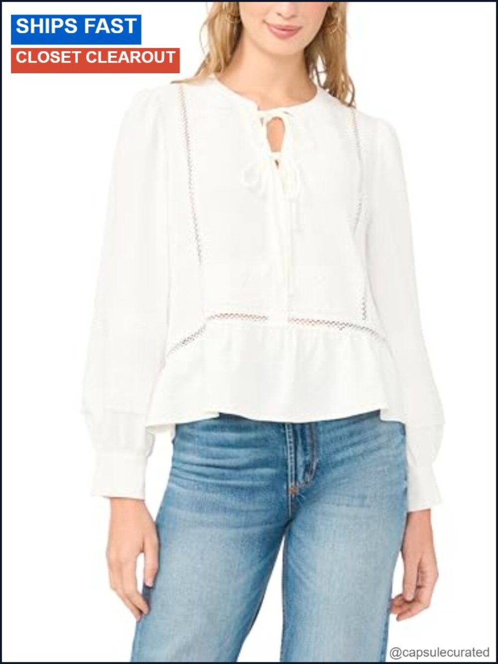 Vince Camuto Lace Yoke Tie Front Blouse 100% Polyester Long Sleeve